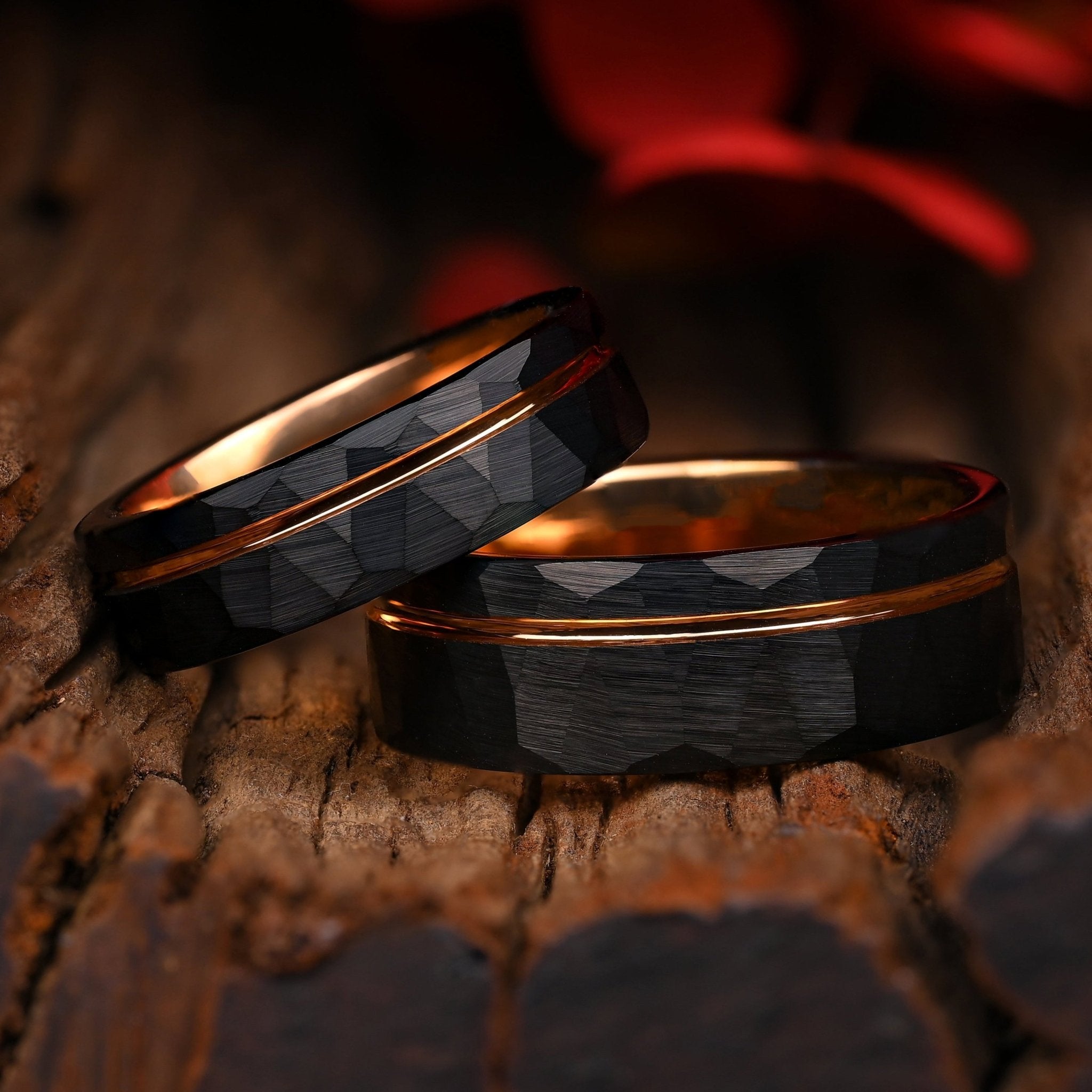 CEO - Ringe Set Fur Paare - Wolfram Ringe - Roségold innen und Streifen – Jubiläumsringe – Eheringe – Verlobungsringe – Monetto Ringe