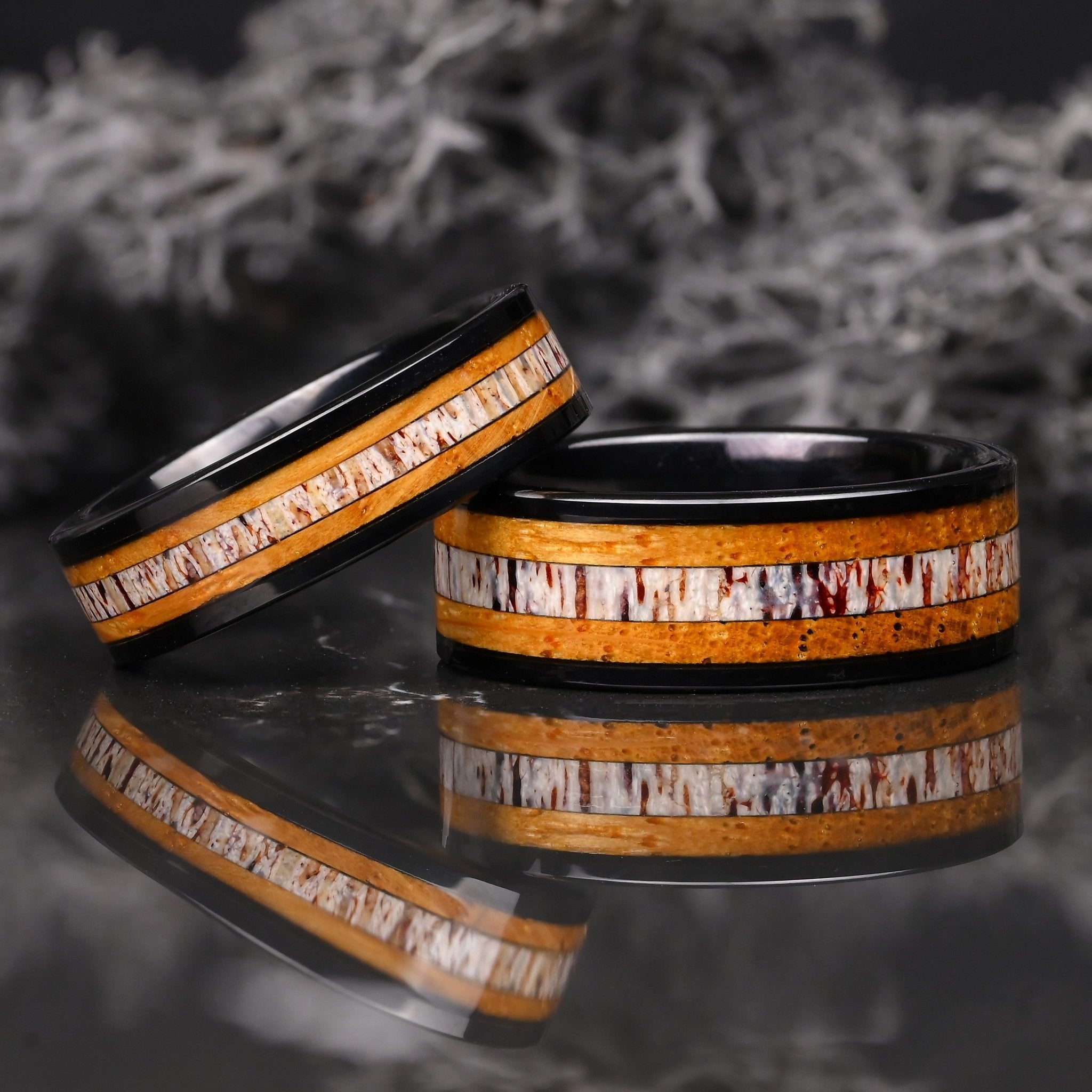 Ringe Set Für Paare - Materialien aus Holz und Hirschgeweih - Wolfram Ringe - Monetto Ringe