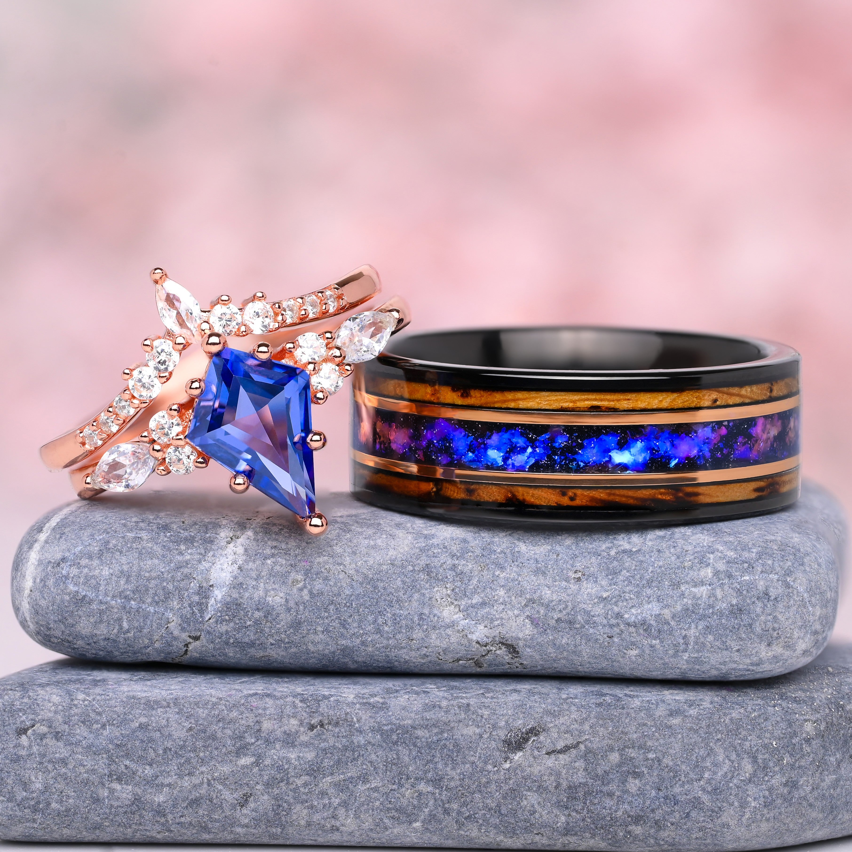 Neptun - Ringe Set Fur Paare - Wolfram und 925 Silber Ringe - Sapphire und Nebel einlage - Monetto Ringe