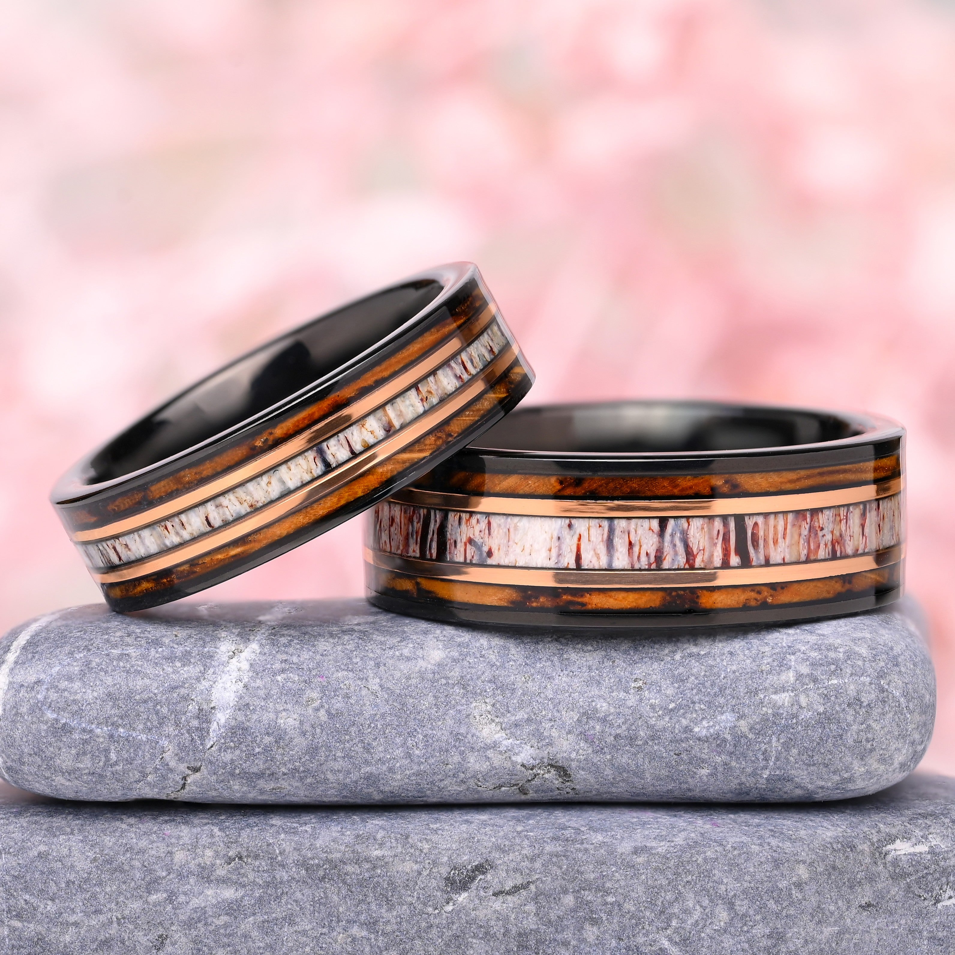 Nero Ringe Fur Paare - wolfram und  925-Silber Ring - Whiskeyfass und Hirschhorn - Jubiläumsringe - Monetto Ringe