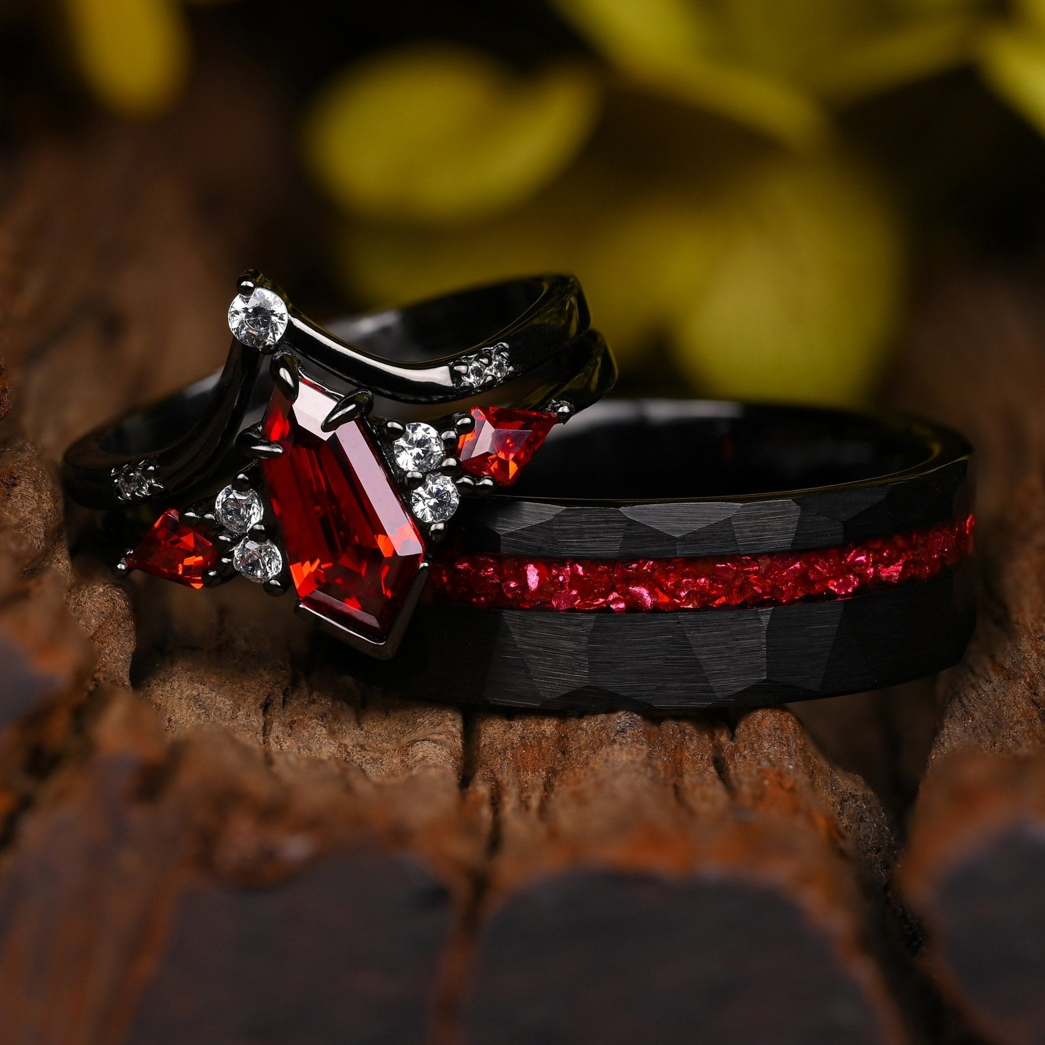 Rotstern - Ringe Set Fur Paare, 925 Sterling Silber und Wolfram Ringe, Roten-garnet Einlage, Monetto Ringe