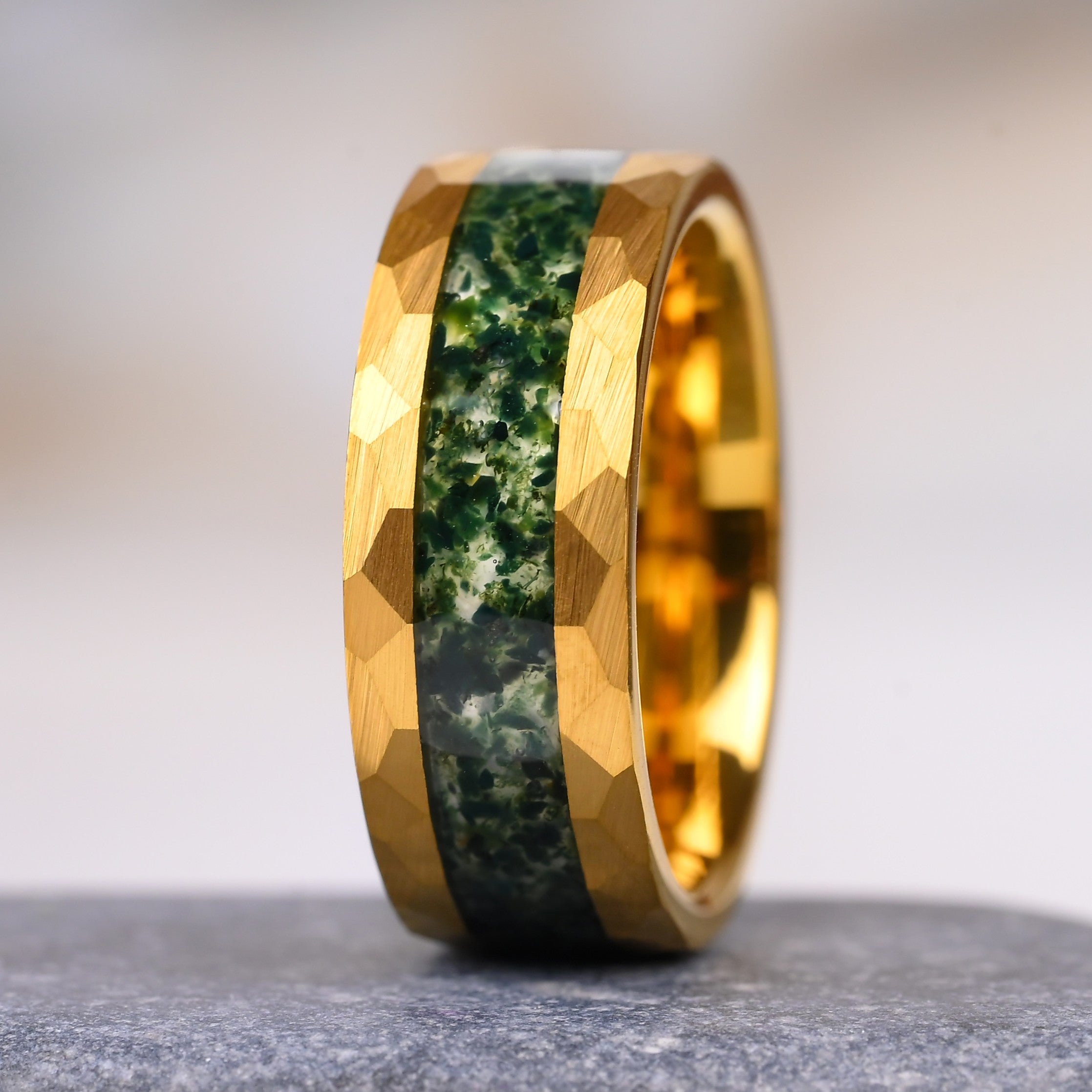Grüne Seele Ring Fur Damen, Gold Wolfram Ring, Grüner Moosachat, Monetto Ringe