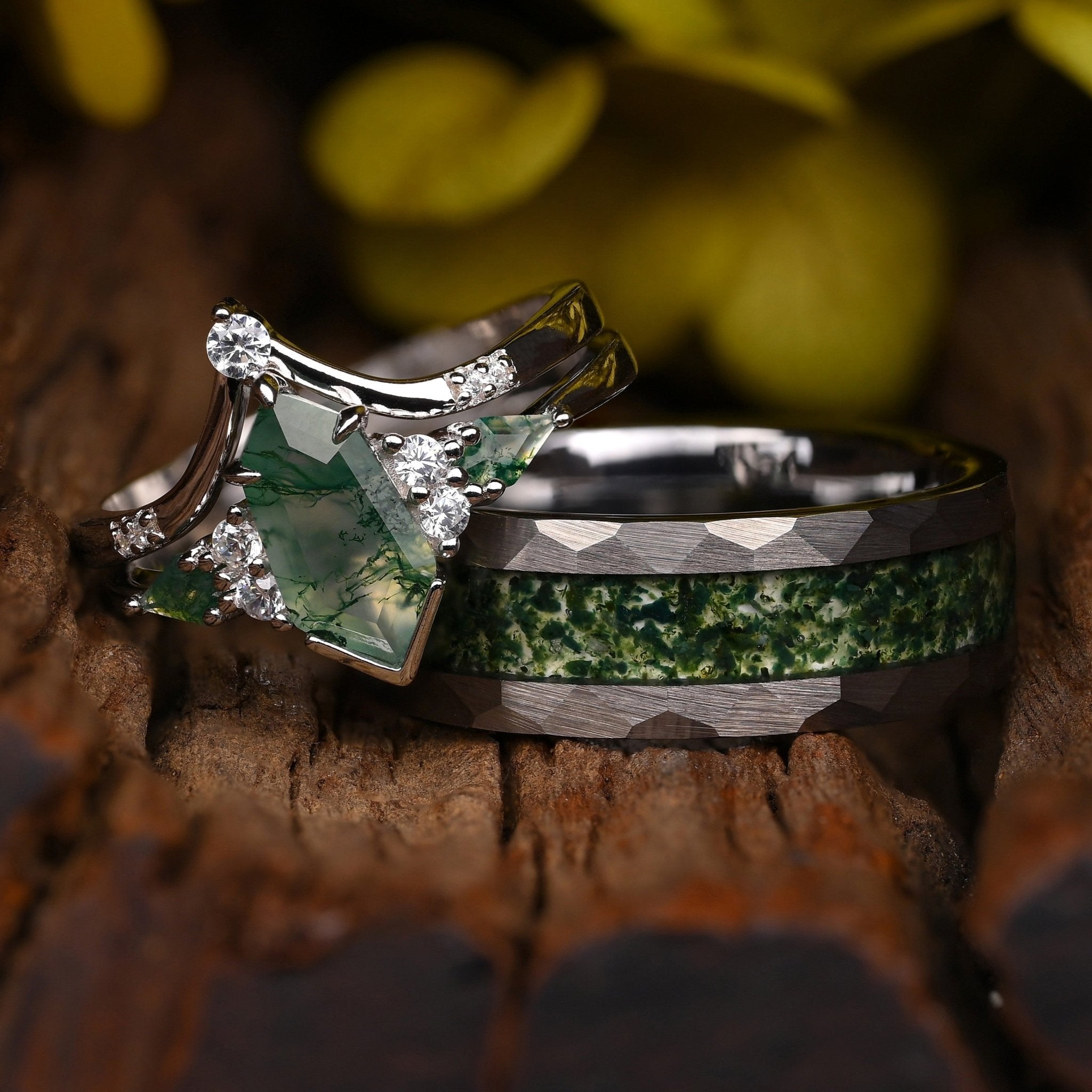 Moos - Ringe Fur Paare, 925 Sterling Silber und Wolfram Ring, Grüner Moosachat, Monetto Ringe