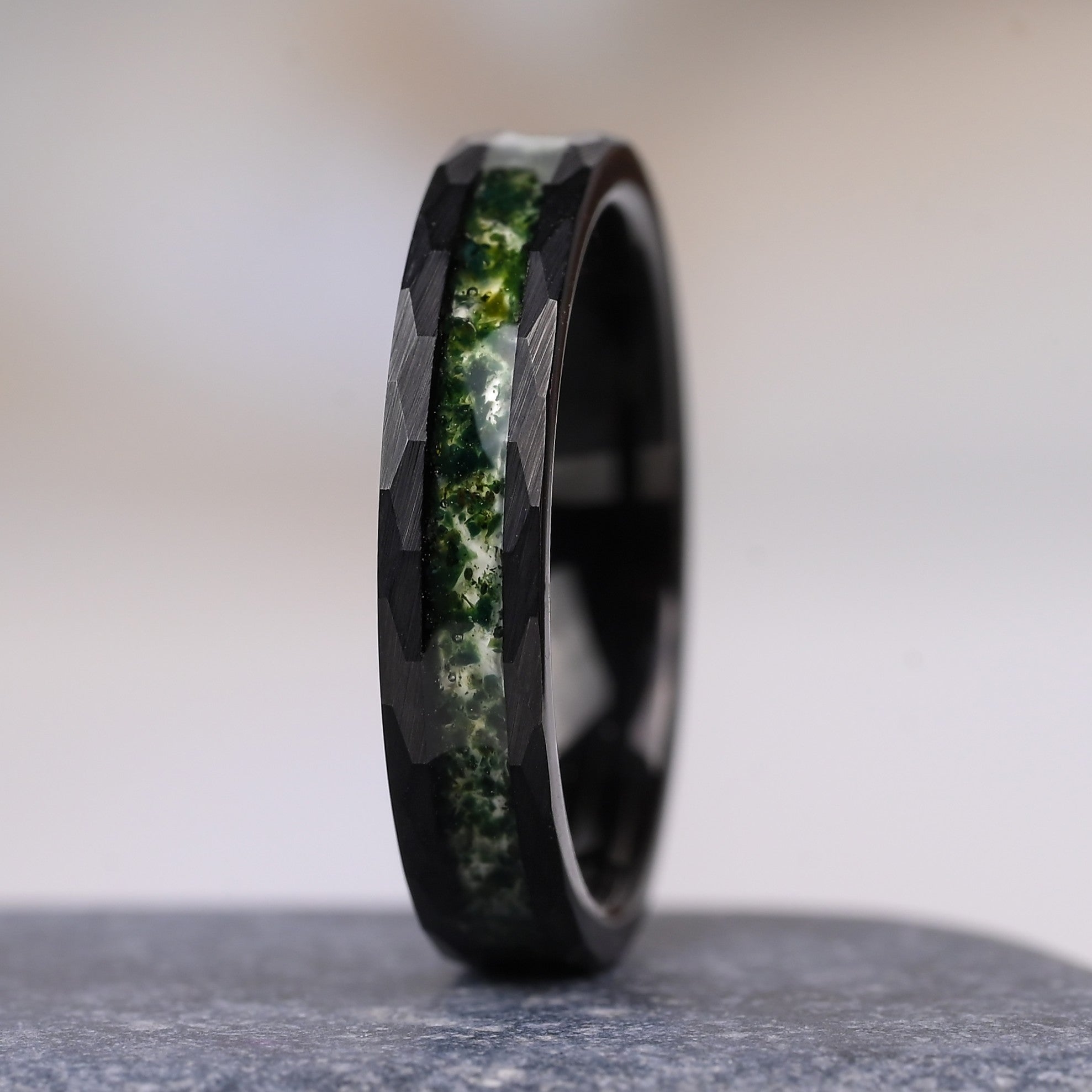 Oase Ring Fur Damen, schwarzer Wolfram Ring, Grüner Moosachat, Monetto Ringe
