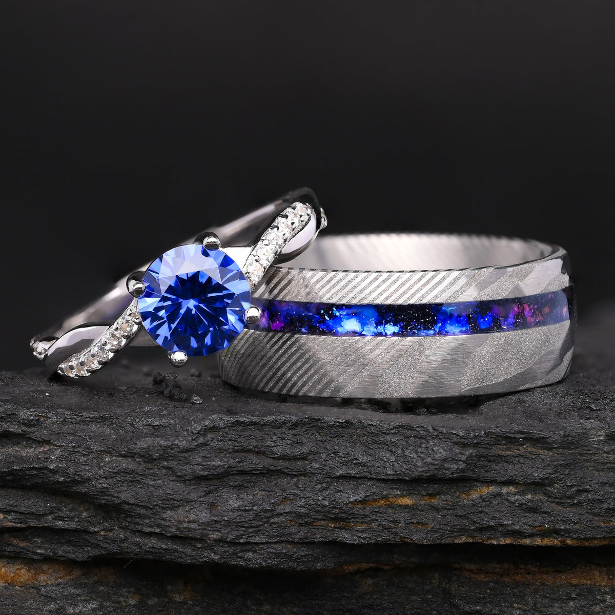 Space Dust - Ring Set - Rings for Couples | Damascus Steel and nebula Inlay