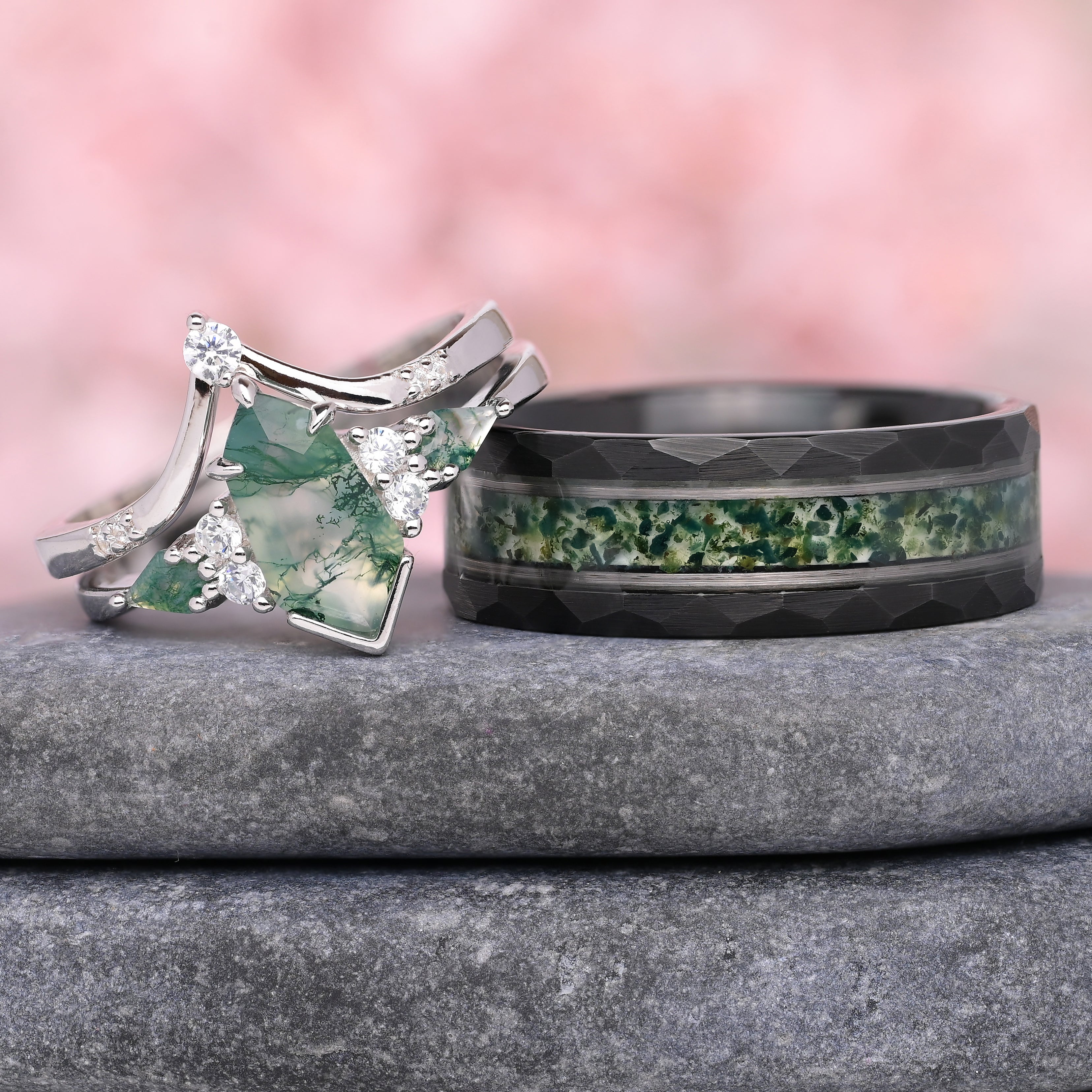 Sora - Ringe Set Fur Paare - Wolfram und 925 Silber Ring - Moosachat Einlage - Jubiläumsring – Ehering - Monetto Ringe