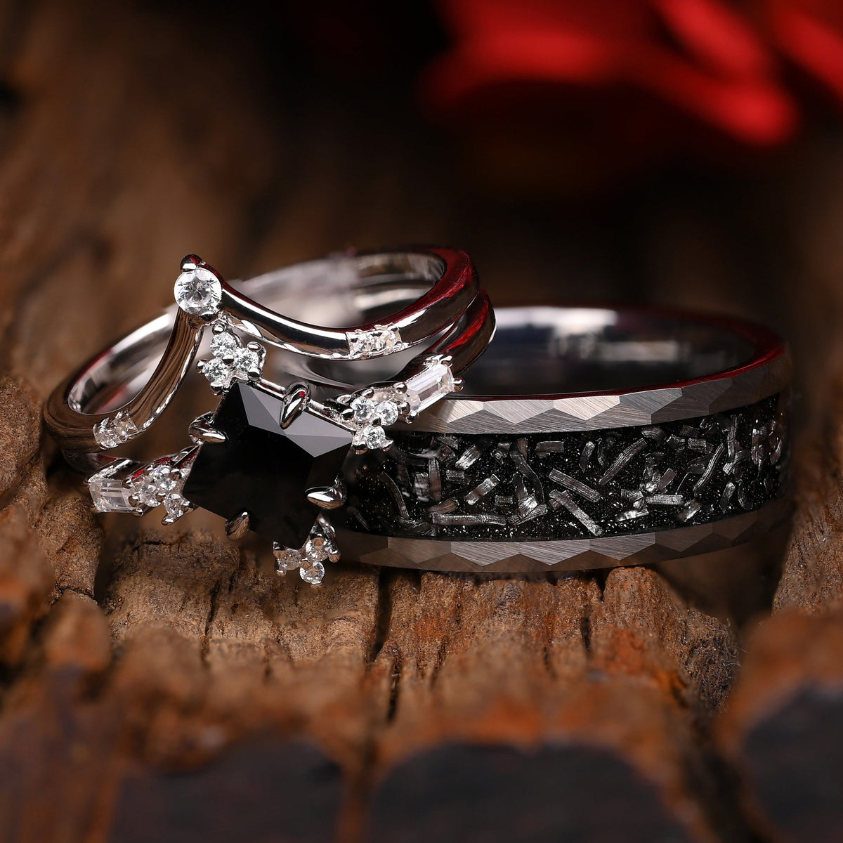 Starfall - Ring Set - Rings for Couples | Meteorite, Obsidian, Silver ...