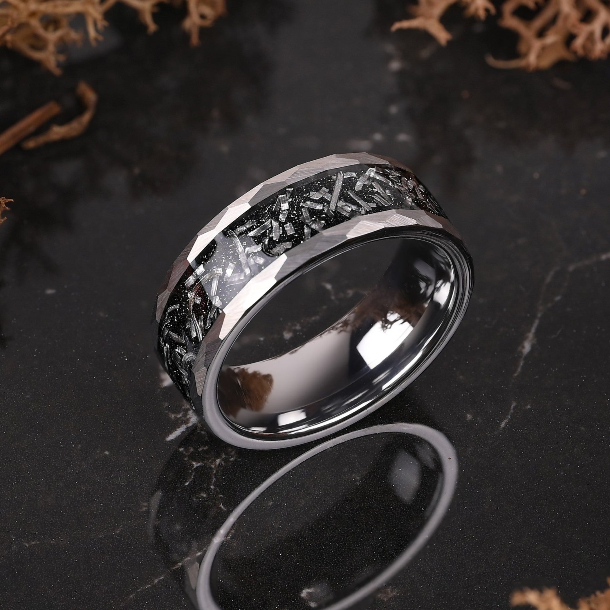 Sumo - Ring Fur Manner, Silber Wolfram Ring, Meteorit Einlage, Monetto Ringe