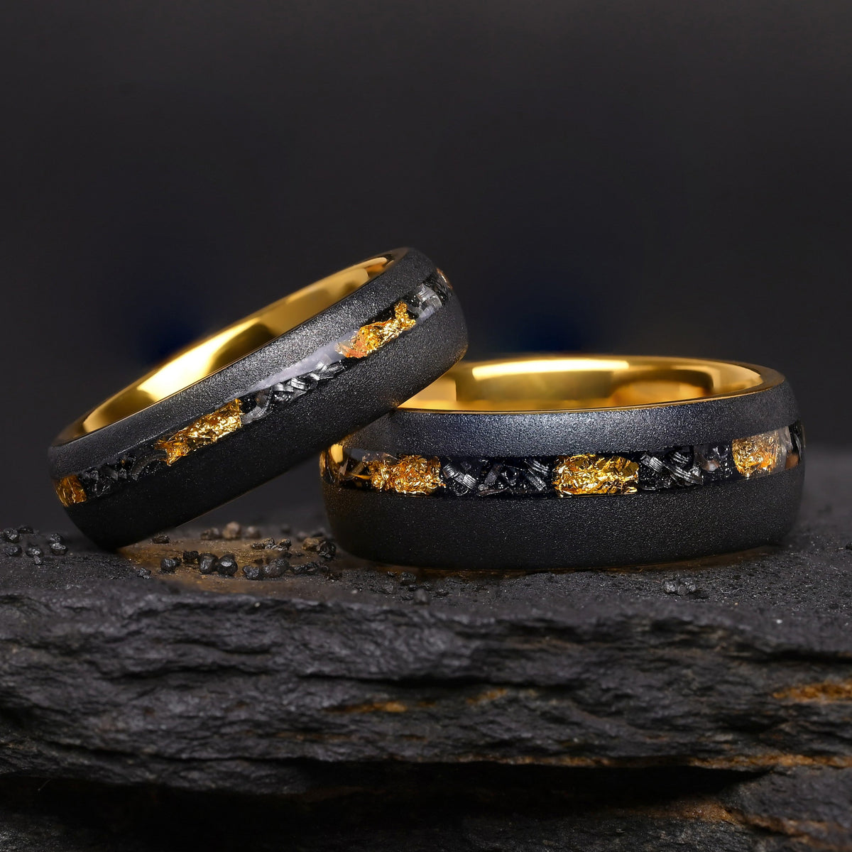 Thor - Ring Set - Rings for Couples | Tungsten, 24K Gold Leaf & Meteorite